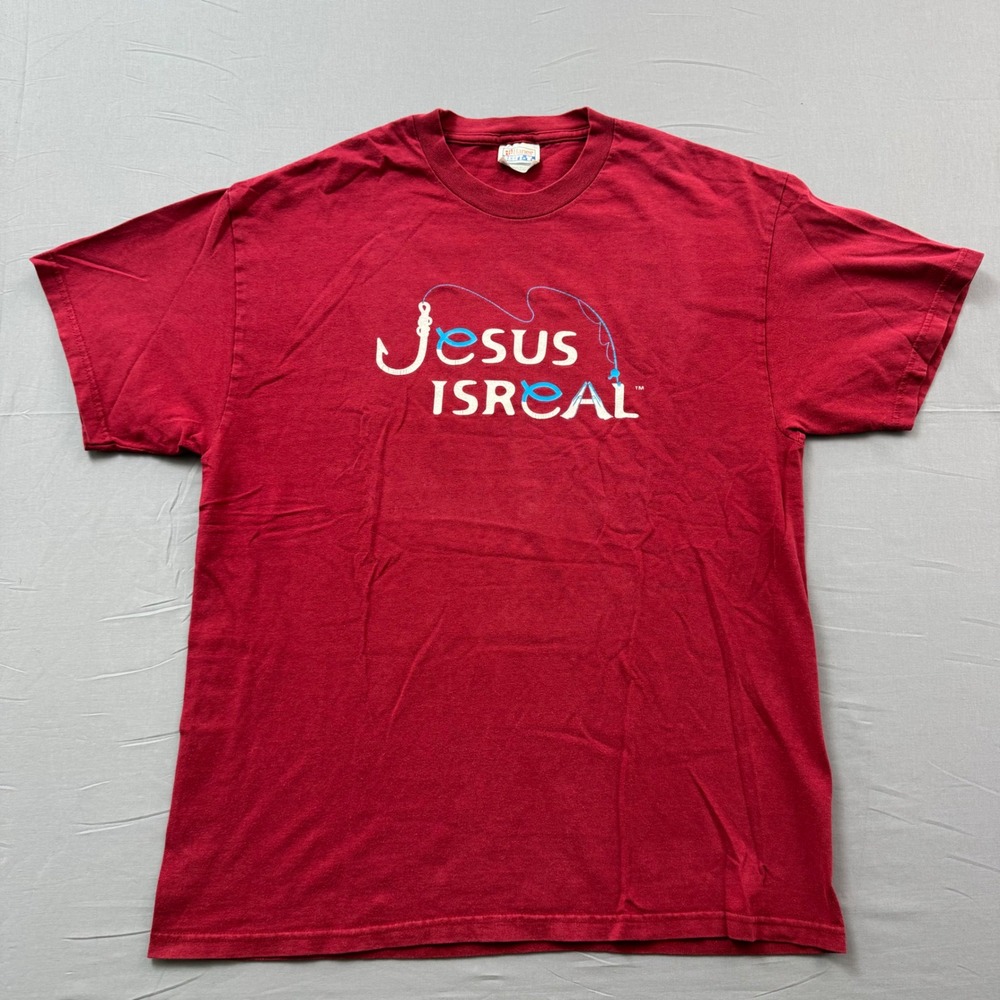 Hanes Beefy-T Jesus Is Real Fishing Graphic T-Shirt Mens Large Red Cotton Tee